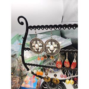 Earrings Pierced Dangle French Wire Silver-tone Disks With White Acrylic Beads